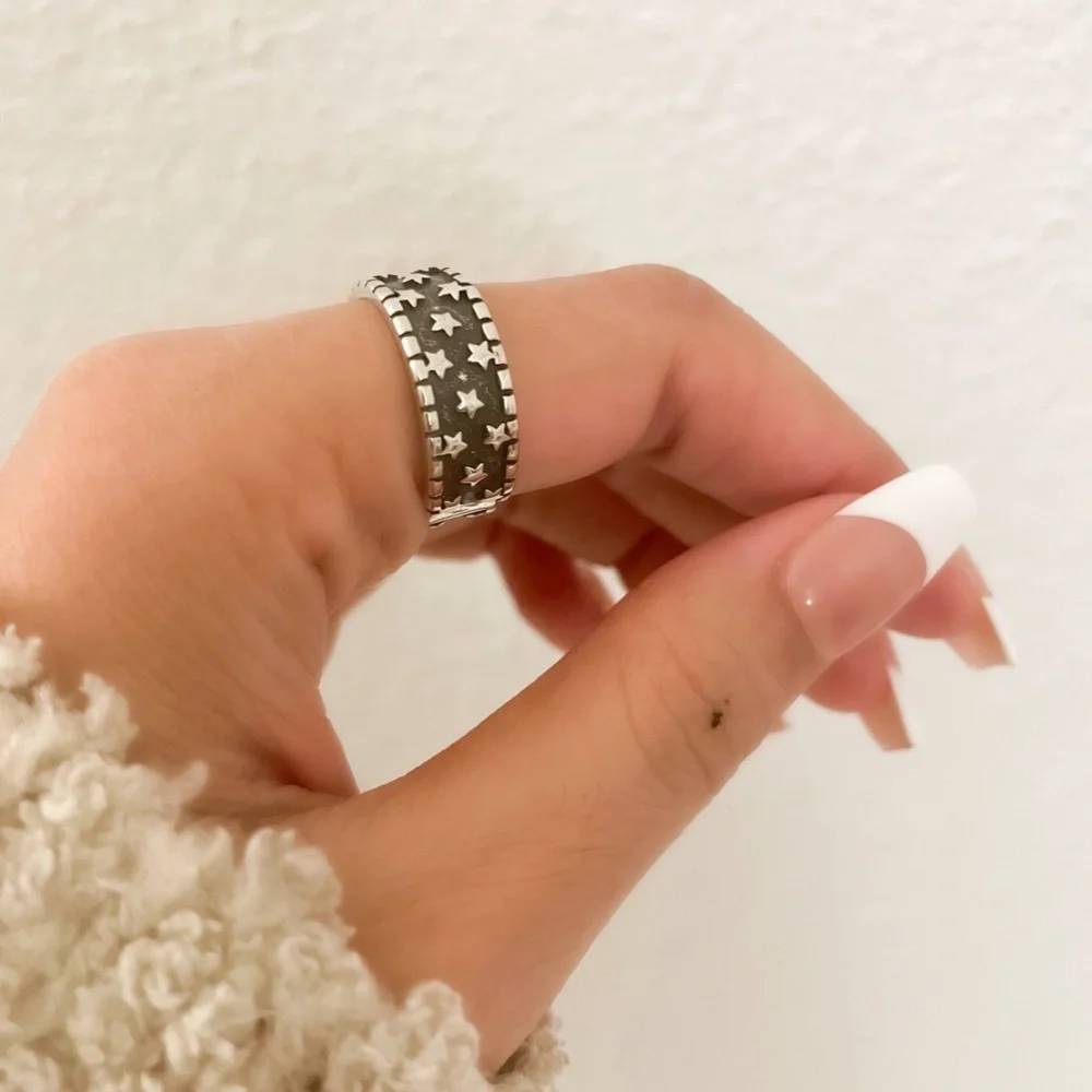 925 Sterling Silver Star Ring Band Black & Silver Star Ring Celestial Ring